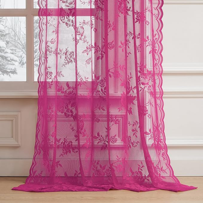 Raspberry Lace Curtains 80 Inches Long 2 Panels Rod Pocket Floral Lace Sheer - Image 5