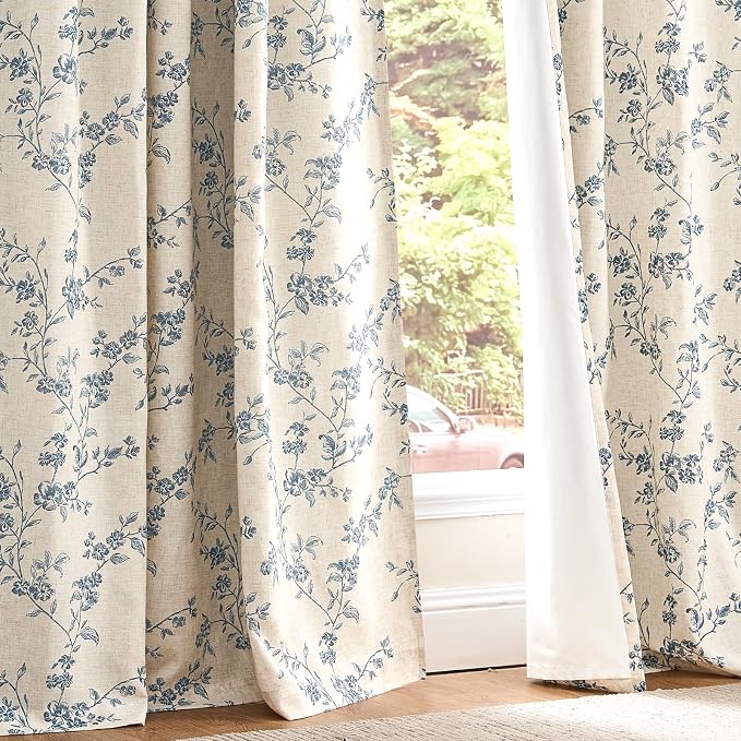 Blackout Vintage Floral Linen Curtains Blue on Beige 50×90 2 Panels | Elisa - Image 9