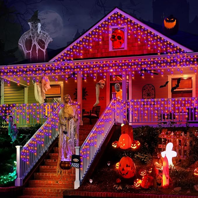 KNONEW 33FT 400 LED Orange Purple Halloween Lights Outdoor Black Wire String Lights with 75 Drops, 8 Lighting Modes, Timer Memory Function Connectable Hanging Curtain Lights for Halloween Party Decor