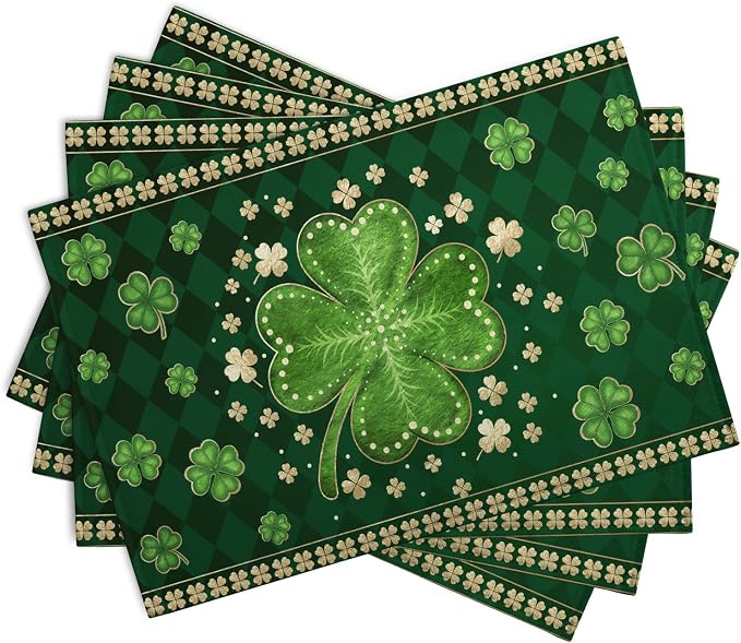Green Shamrock St Patricks Day Placemats Set of 4 Lucky Clover Plaid Check - Image 2