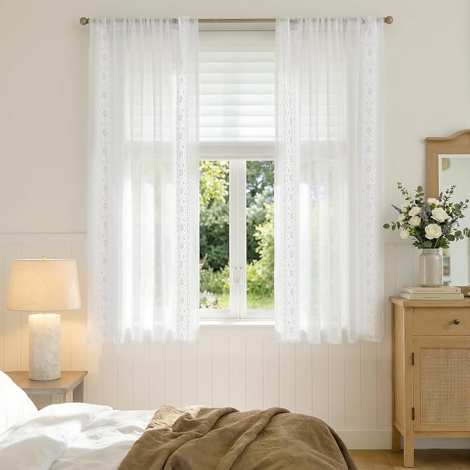 jinchan Floral Sheer Linen Curtains, Back Tab 50x63 Inch, 2 Panels White | Semi - Image 3