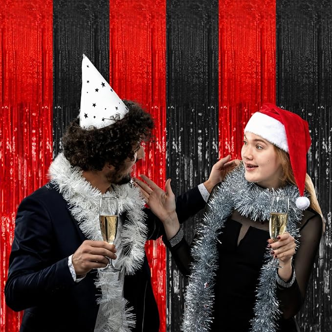 2 Pack Black and Red Party Backdrop Streamers Decorations Foil Fringe Curtains - Image 4