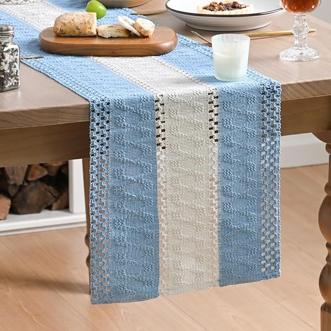 Artoid Mode Sky Blue Farmhouse Woven Table Runner 12x108 Inch | Holiday Rustic by ArtoidMode