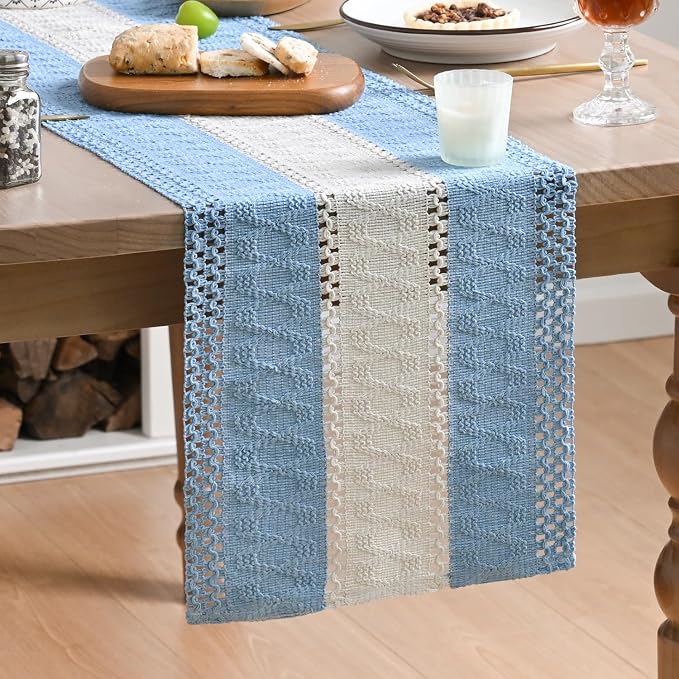 Artoid Mode Sky Blue Farmhouse Woven Table Runner 12x48 Inch | Holiday Rustic by ArtoidMode