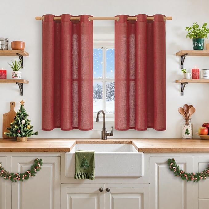 YoungsTex Burgundy Red Linen Curtains 45 Inch Length, Short Light Filtering - Image 2