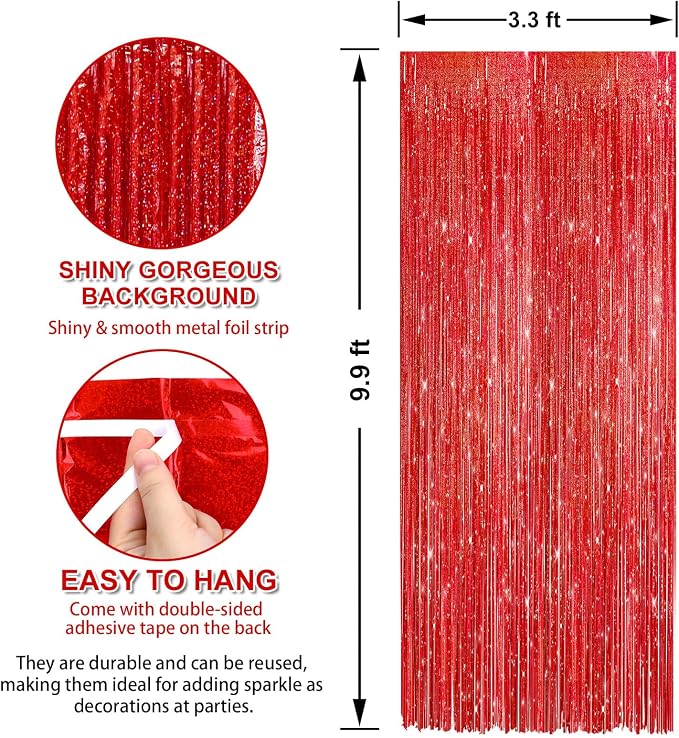 Crosize 4 Pack Laser Red Party Streamers Backdrop, 3.3 x 9.9 ft | Tinsel Foil - Image 2