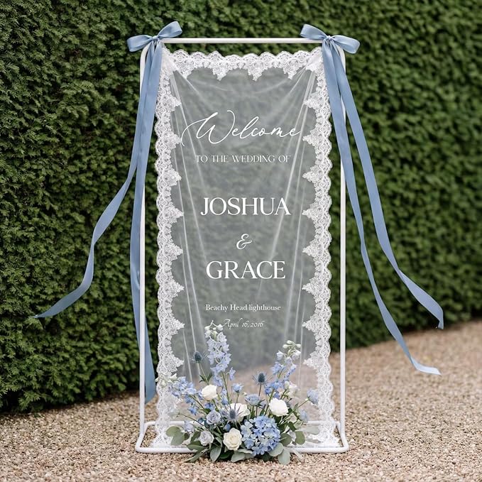 Personalized Wedding Welcome Fabric Sign Sheer Lace Banner | Handmade Custom by DUNACO