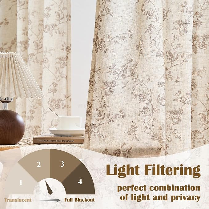 Taupe Vintage Floral Linen Curtains Farmhouse 38W X 90L 2 Panels | Elisa Series - Image 3