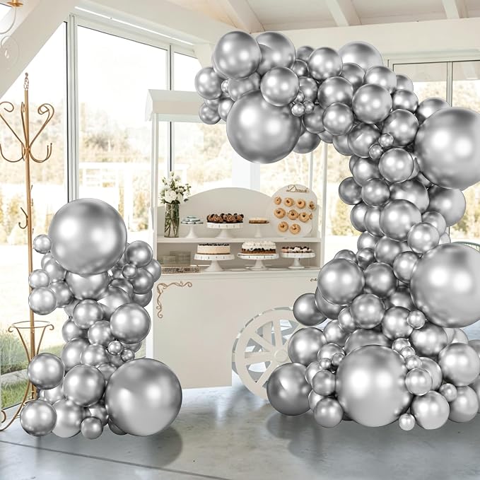 Ouddy Party 129Pcs Metallic Silver Balloons Different Sizes 18 12 10 5 Inch - Image 6