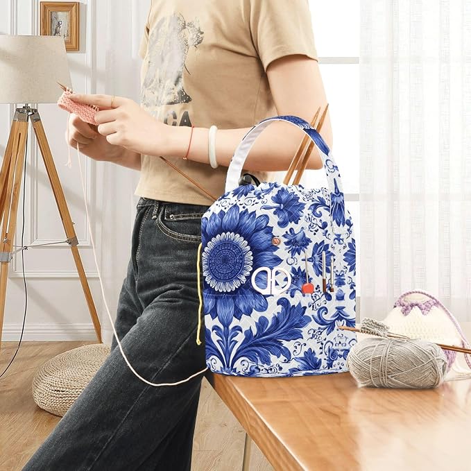 Sunflowers Blue and White Leaves Yarn Bag Small Crochet Bag Drawstring Yarn - Image 6