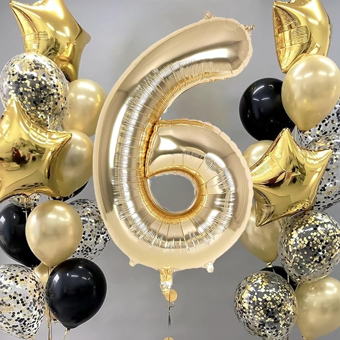 Champagne Gold Large Number 6 Balloon, 40 Inch Light Gold Foil Helium Number - Image 2