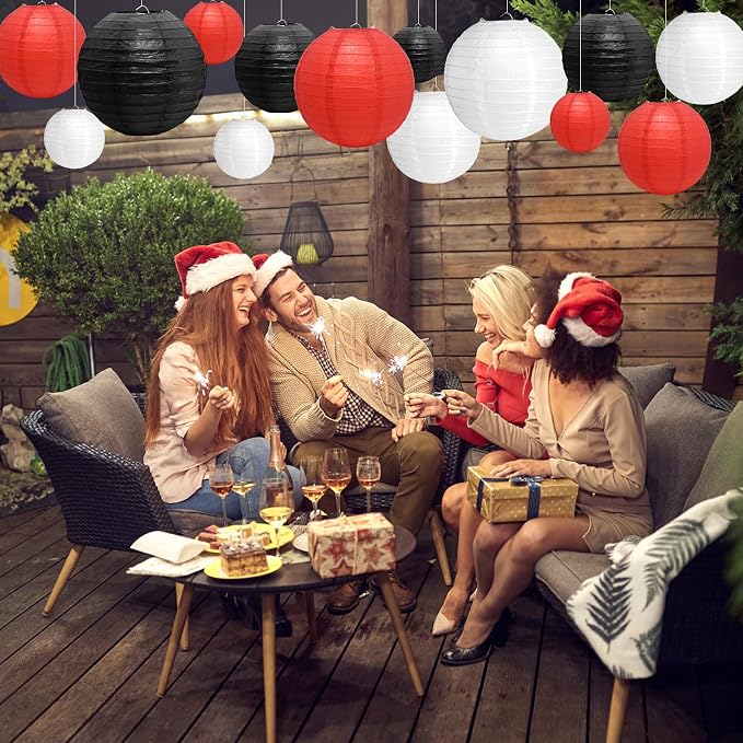 21Pcs Black Red White Paper Lanterns, 4-10in Round Hanging Decor, Parties | - Image 4