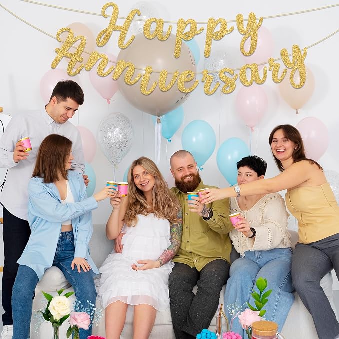 Glitter Happy Anniversary Banner Gold Happy Anniversary Decorations Wedding - Image 9