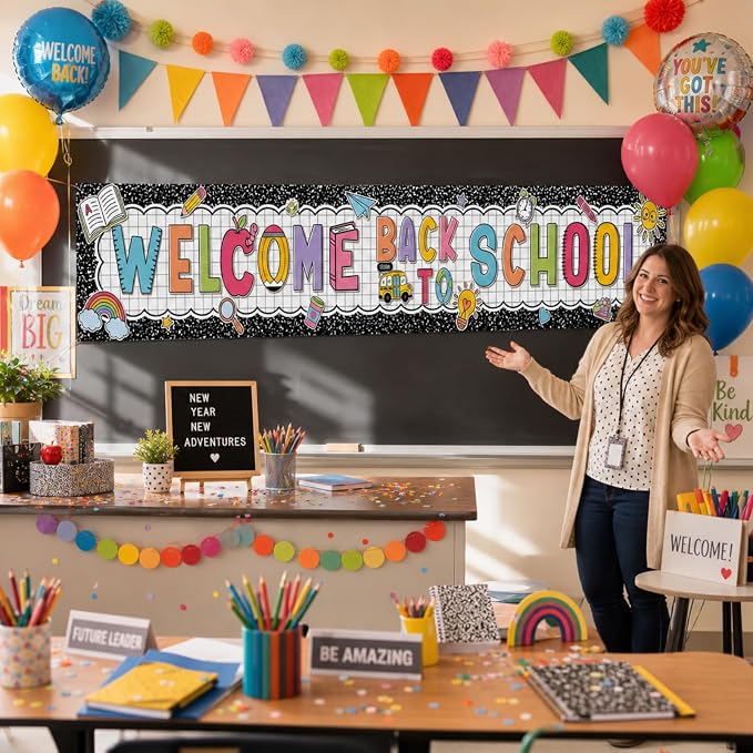 Lounsweer Welcome Back to School Banner Pastel Composition Book Banner Yard Sign - Image 3