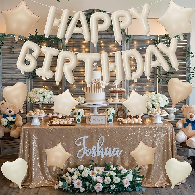 Happy Birthday Balloon Banner Cream, 16 Inch Beige Mylar Foil Letter Balloons - Image 9
