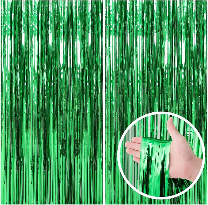 2 Pack Green Streamers Backdrop Jungle Party Decorations Foil Fringe Backdrop by BOMSI