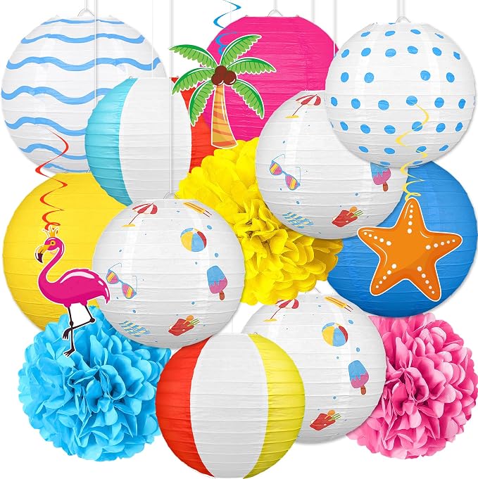 16Pcs Summer Party Decorations Paper Lanterns Pom Poms Hanging Swirls by Renbuzhu