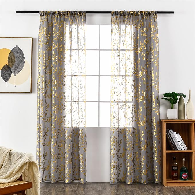 Sutuo Home Sheer Curtains 84 Inches Long 2 Panels Set, Luxury Gold Foil Printed - Image 2