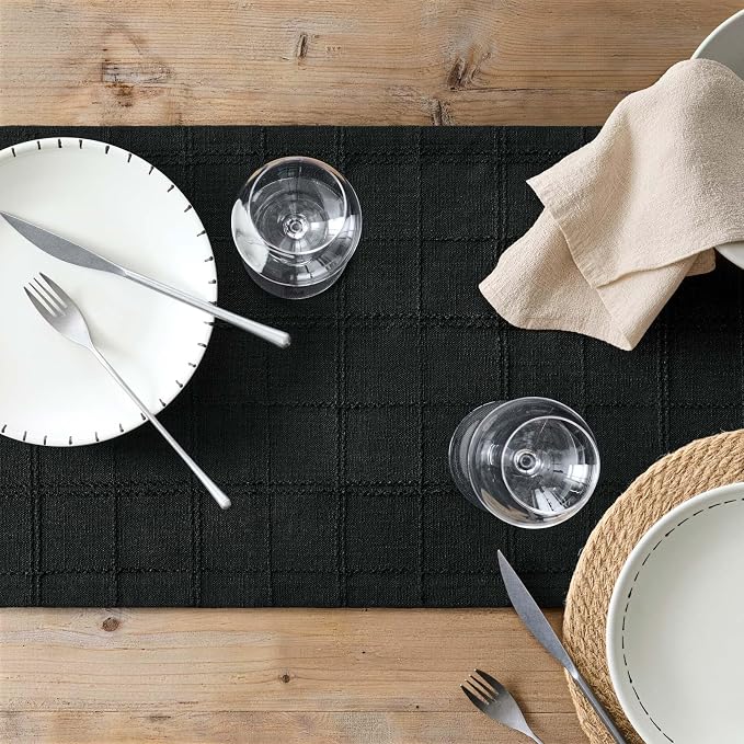 Linen Checked Farmhouse Table Runner, 13x36 Inches Black | Raised Grid Design - Image 7