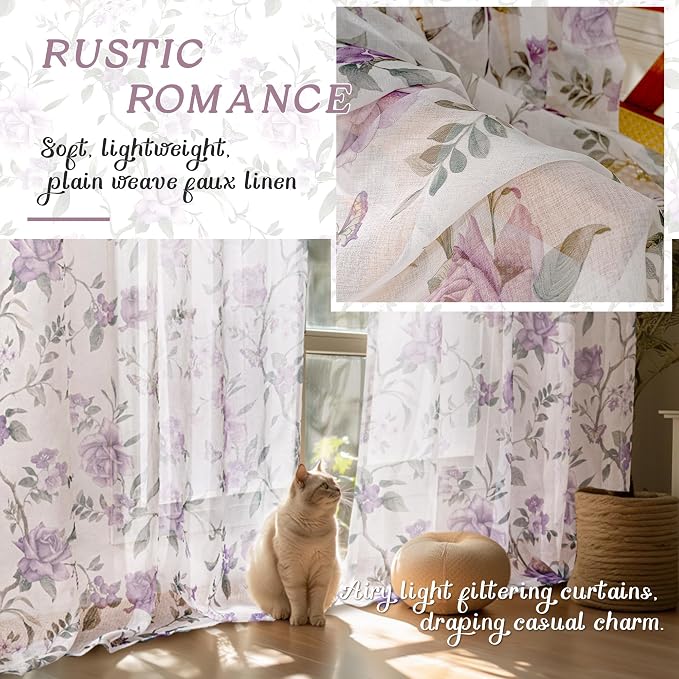 Floral Sheer Curtains 72 Inch Length 2 Panels, Farmhouse Light Filtering - Image 4