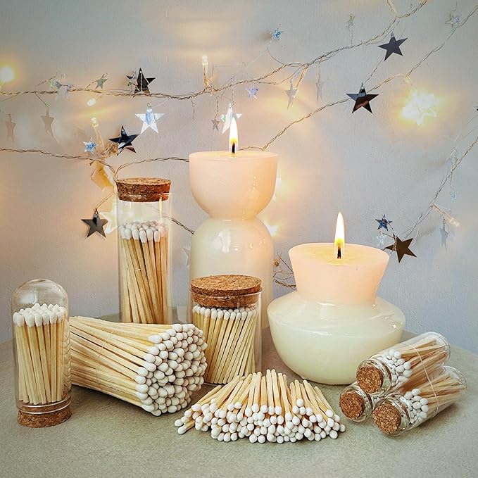 2" Classic White Tip Safety Matches | 3 Glass Bottles Each with Cork Top, Striker & 20 Matchsticks by Thankful Greetings (60+ Total) | Decorative & Unique for Home Decor, Event Giveaways