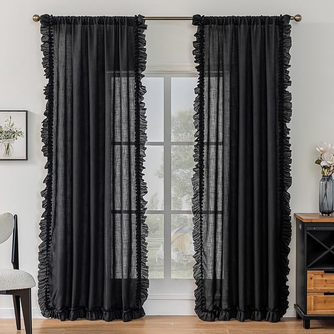 TERLYTEX Black Linen Curtains 96 Inches Long 2 Panels, 58 x 96 Inch, Farmhouse by TERLYTEX
