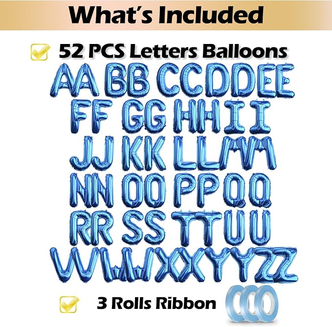 16 Inch 52Pcs Blue Letter Balloons Shiny A-Z Foil Balloon Letters | Reusable - Image 3