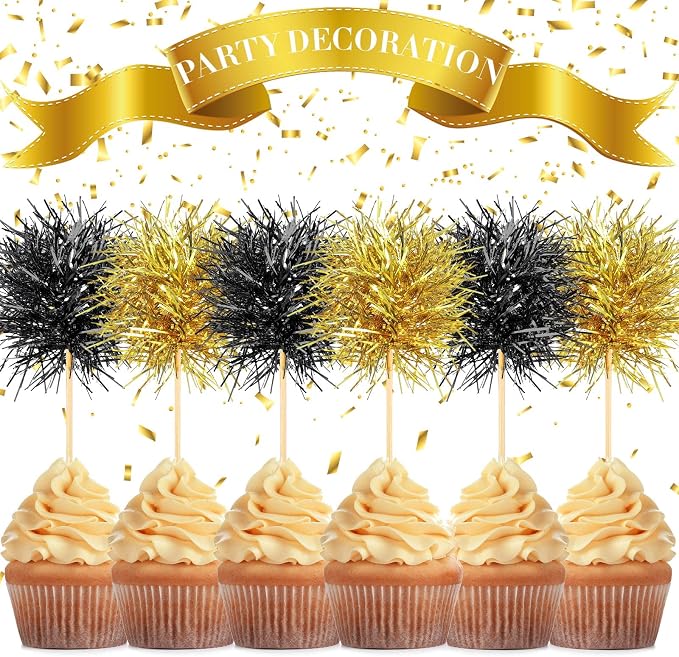 Chinco 100 Pcs Foil Firework Cupcake Toppers Black and Gold Sparkle Tinsel Cake - Image 2