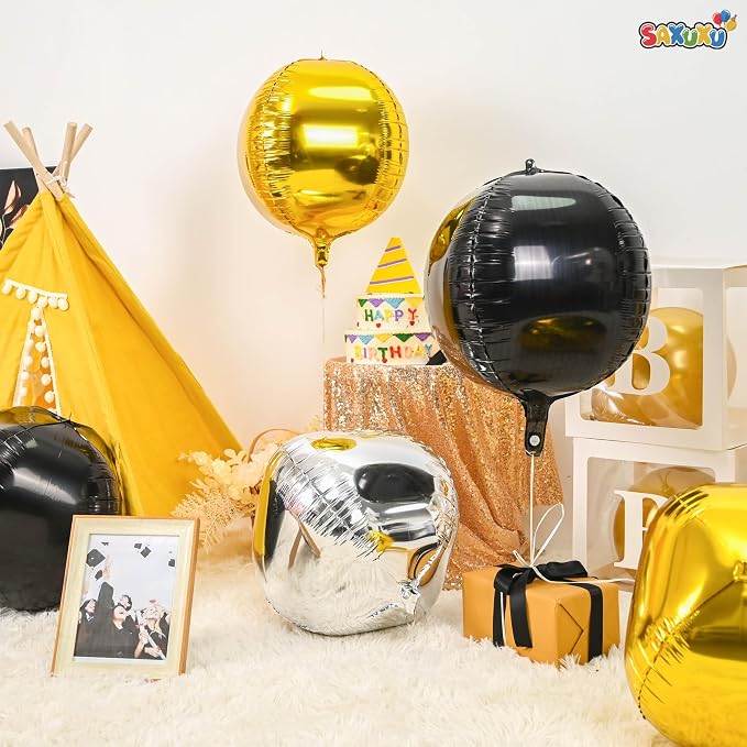 Black and Gold Round Foil Balloons, 22 Inch 4D Sphere Metallic Balloons - Image 7