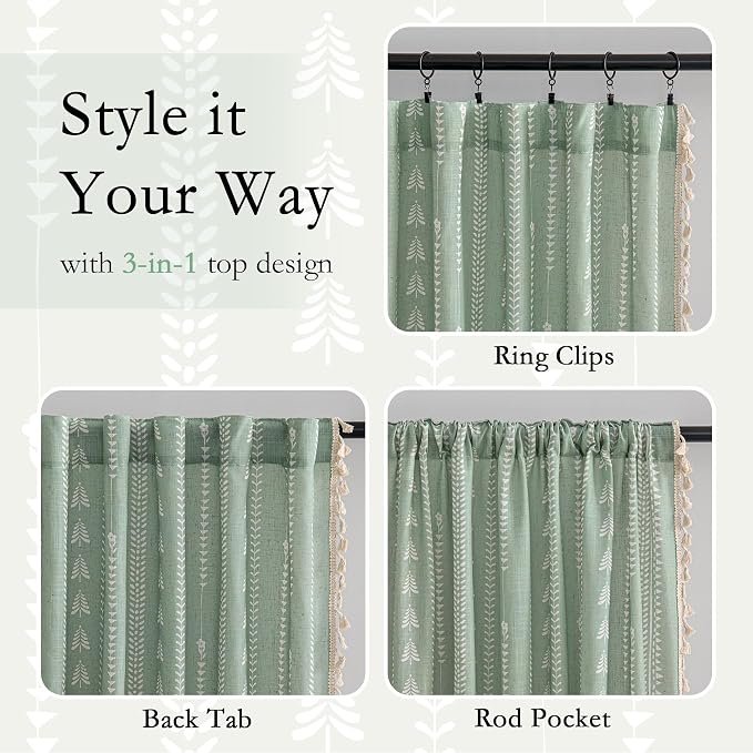 Sage Green Curtains for Living Room, Linen Blended Boho Semi Sheer Patterned - Image 5