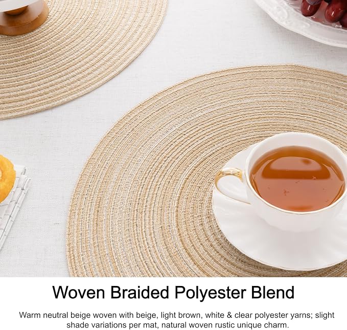 SHACOS 15 inch Round Placemats Set of 6, Cotton Polyester Woven Braided Place - Image 2