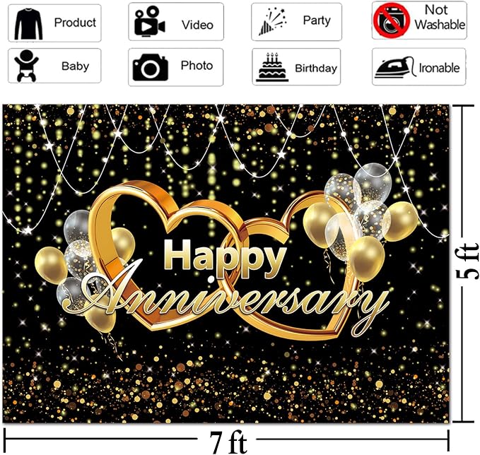 Happy Anniversary Backdrop Black and Gold Balloons Photography Background Poster - Image 4