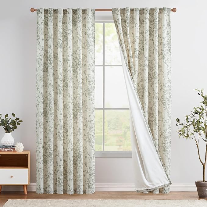 jinchan Green Floral Linen Curtains Lined 90 Inch Vintage Back Tab 2 Panels | by JINCHAN