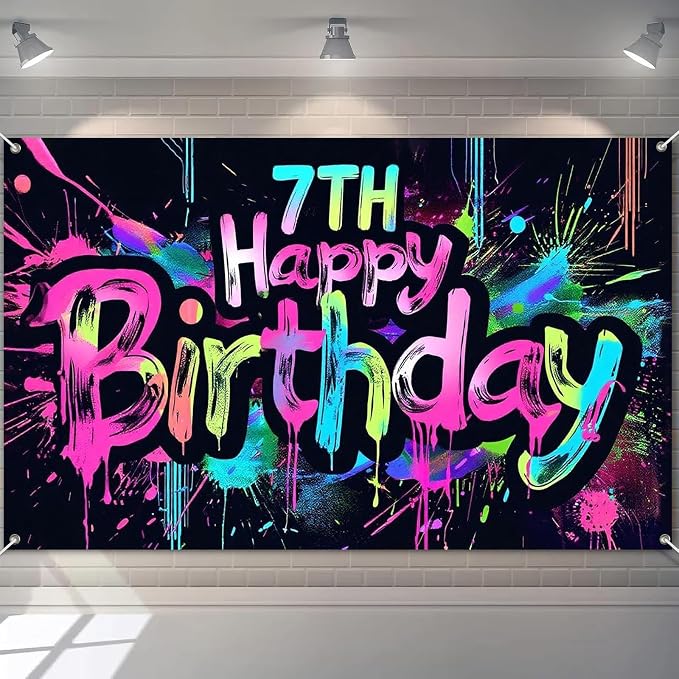 HOMETITUTE Happy 7th Birthday Decorations Banner 71x43 Inch | Neon Birthday by HOMETITUTE