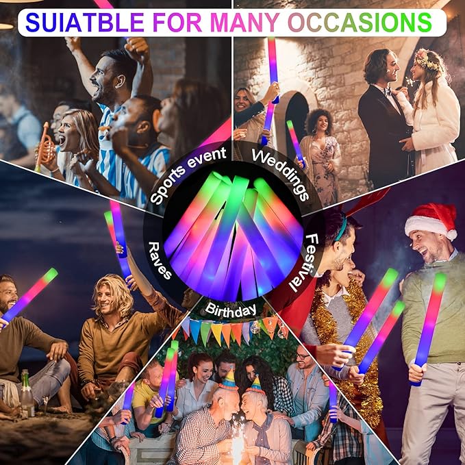 LifBetter 58Pcs Foam Glow Sticks Bulk,Led Glow Sticks with 3 Modes Colorful Flashing,Long Life Battery Glow In The Dark Party Supplies for Weddings,Parties,Festivals,Sporting Events