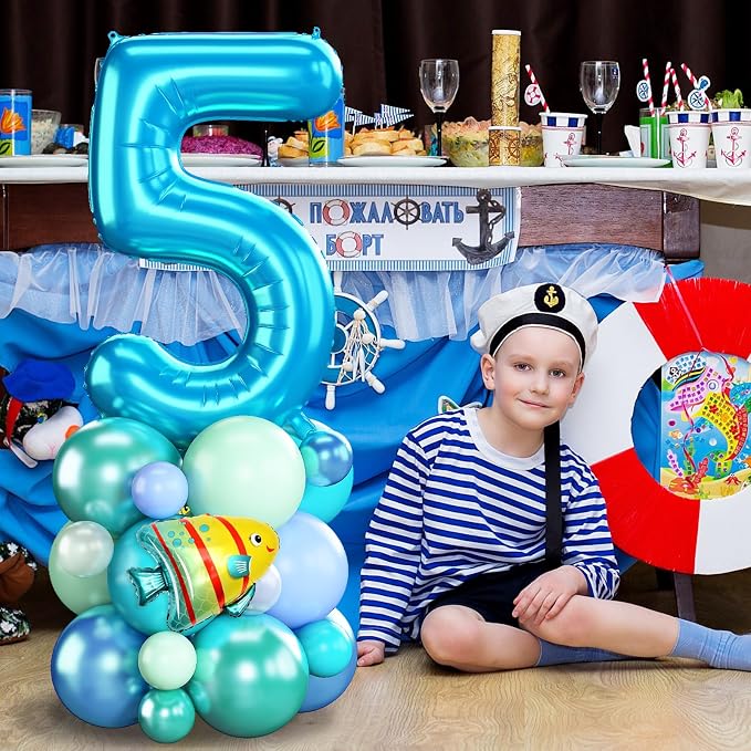 40 Inch Number 5 Balloon Blue Ocean Under the Sea Number Five Foil Balloons - Image 3
