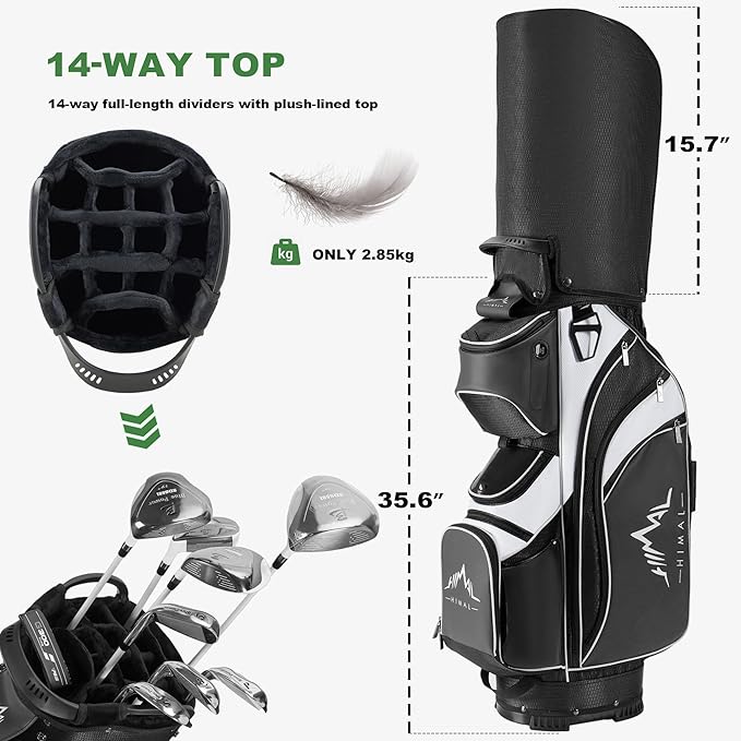 14-Way Golf Cart Bag with Full Length Divider, Premium PU Leather Golf Bag with Plush Top, Magnetic Pocket and Rain Cover for Men