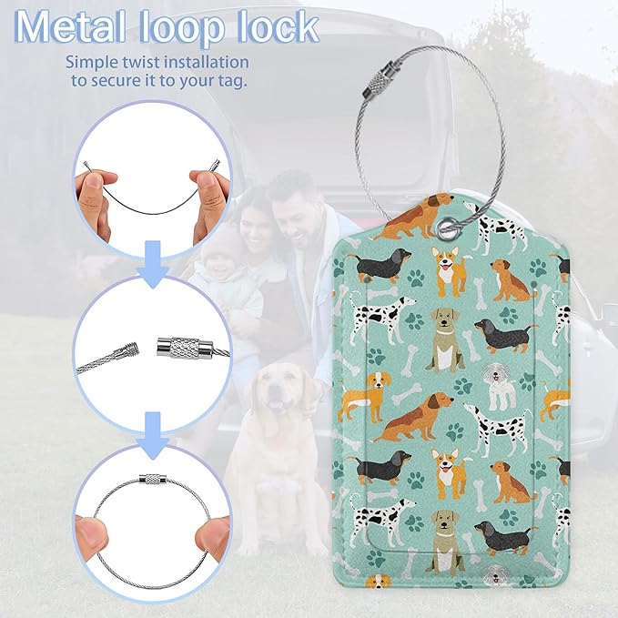2 Pack Luggage Tags,Leather Suitcase Tags with Privacy Cover Name Address Labels& Durable Steel Loop for Men/Women Travel Bag Suitcases(Cute Dog)