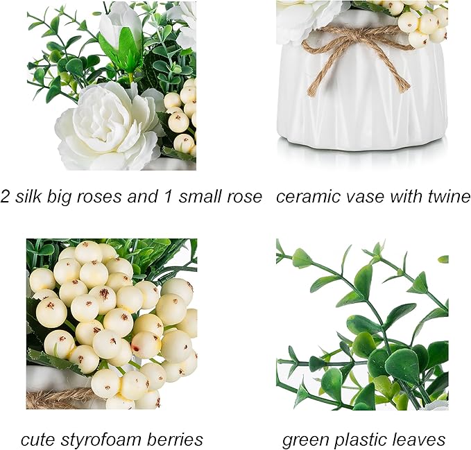 BLOSMON Table Decor Artificial Flowers Vase 7 Inch Small Fake Pink Flower Arrangement 2pcs for Tables Centerpieces Kitchen Dining Room Decorations Faux Flower in Vase Coffee Table Silk Roses
