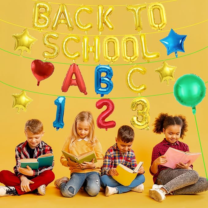 16 Inch Gold Foil BACK TO SCHOOL Letter Balloon Set, ABC 123 Balloons, and - Image 5