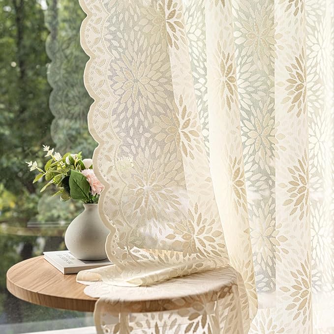 MIULEE Vintage Floral Scalloped Lace Curtains 2 Panels, Cream 52" W x 54" L | by MIULEE