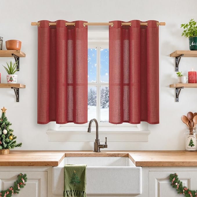 YoungsTex Burgundy Red Linen Curtains 40 Inch Length, Short Light Filtering by YoungsTex
