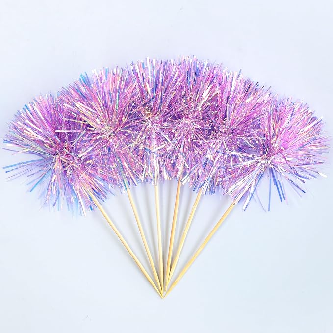 Gyufise 30Pcs Foil Firework Cupcake Toppers Sparkle Tinsel Cake Toppers Tinsel - Image 8