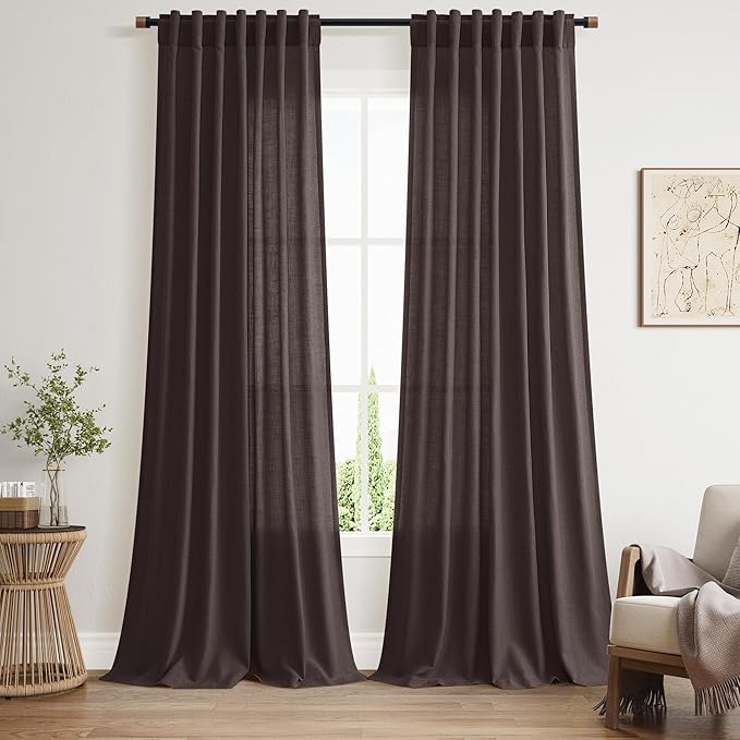 Cocoa Coffee Curtains 102 Inches Long, Back Tab Linen Blend Light Filtering by Nanspring