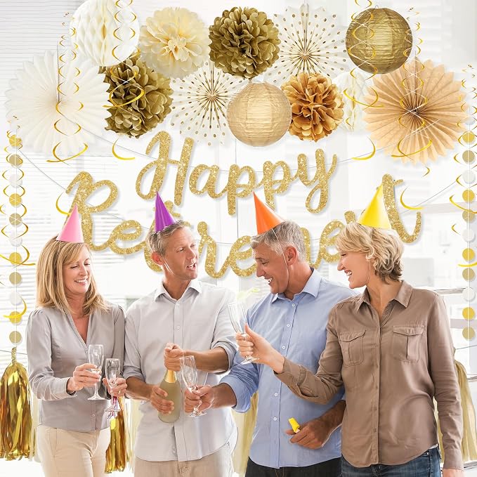 Roetyce Gold Retirement Party Decorations, Glitter Happy Retirement Banner | - Image 3