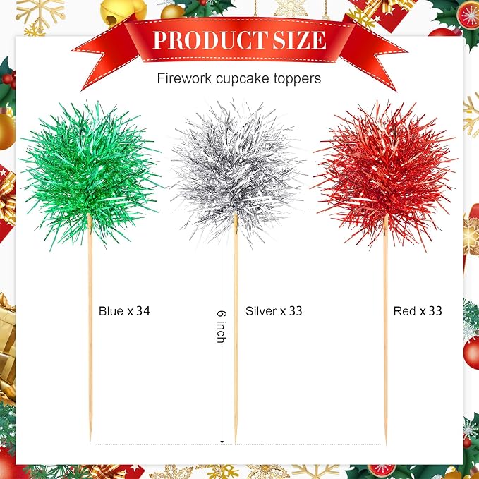 Chinco 100 Pcs Foil Firework Cupcake Toppers Sparkle Tinsel Cake Toppers Cake - Image 3