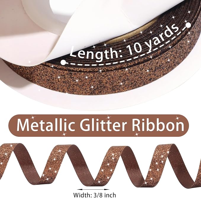 Brown Metallic Glitter Ribbon for Gift Wrapping 3/8in x 10Yds | Cheer Sparkle - Image 3