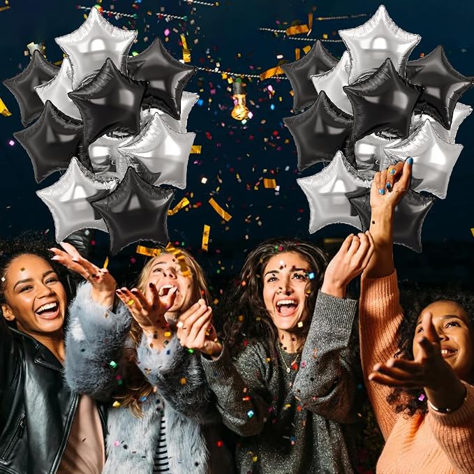 Black Silver Star Foil Balloons, 18 Inch Large Black and Metallic Silver Stars - Image 4