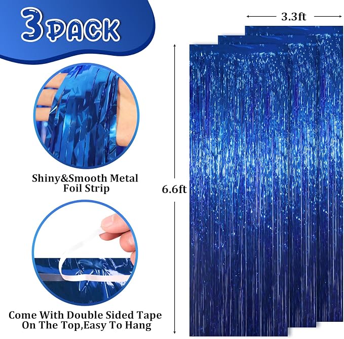 Voircoloria 3 Pack 3.3x8.2 Feet Blue Foil Fringe Backdrop Curtains, Tinsel - Image 3