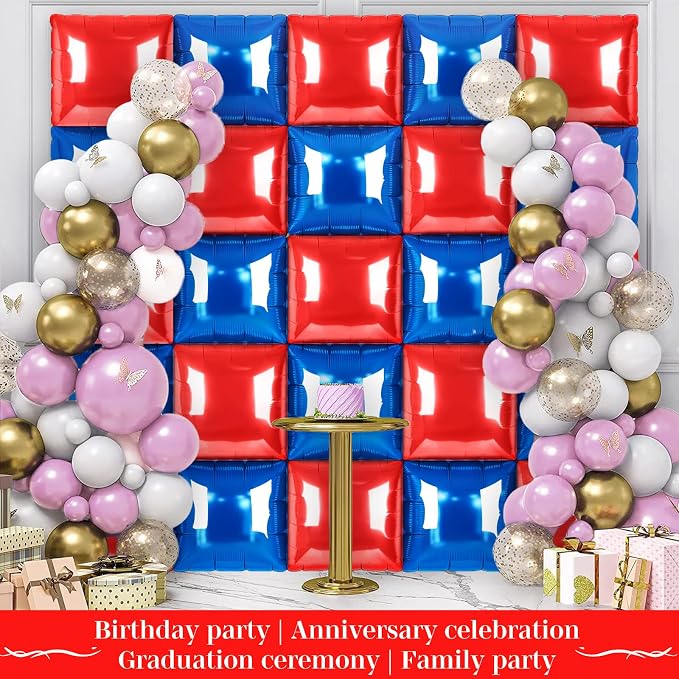 Red and Blue Square Foil Balloons 25 Pcs Metallic Red and Blue Balloons Wall - Image 5
